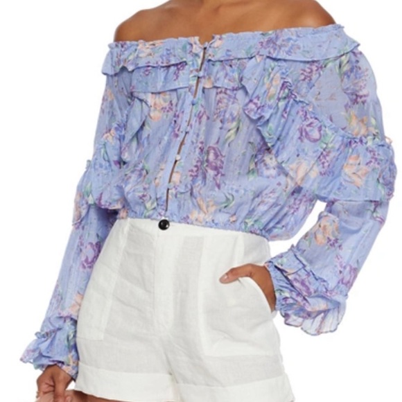 LoveShackFancy Tops - LoveShackFancy Lavender Floral Off-Shoulder Crop Top